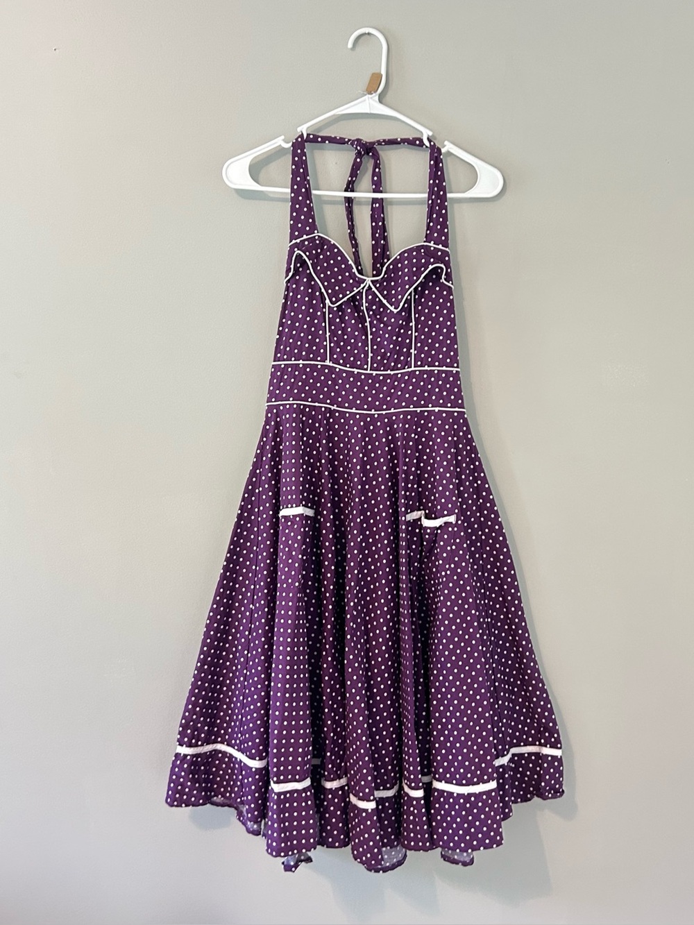 purple and white polka dot pin up hell bunny dress